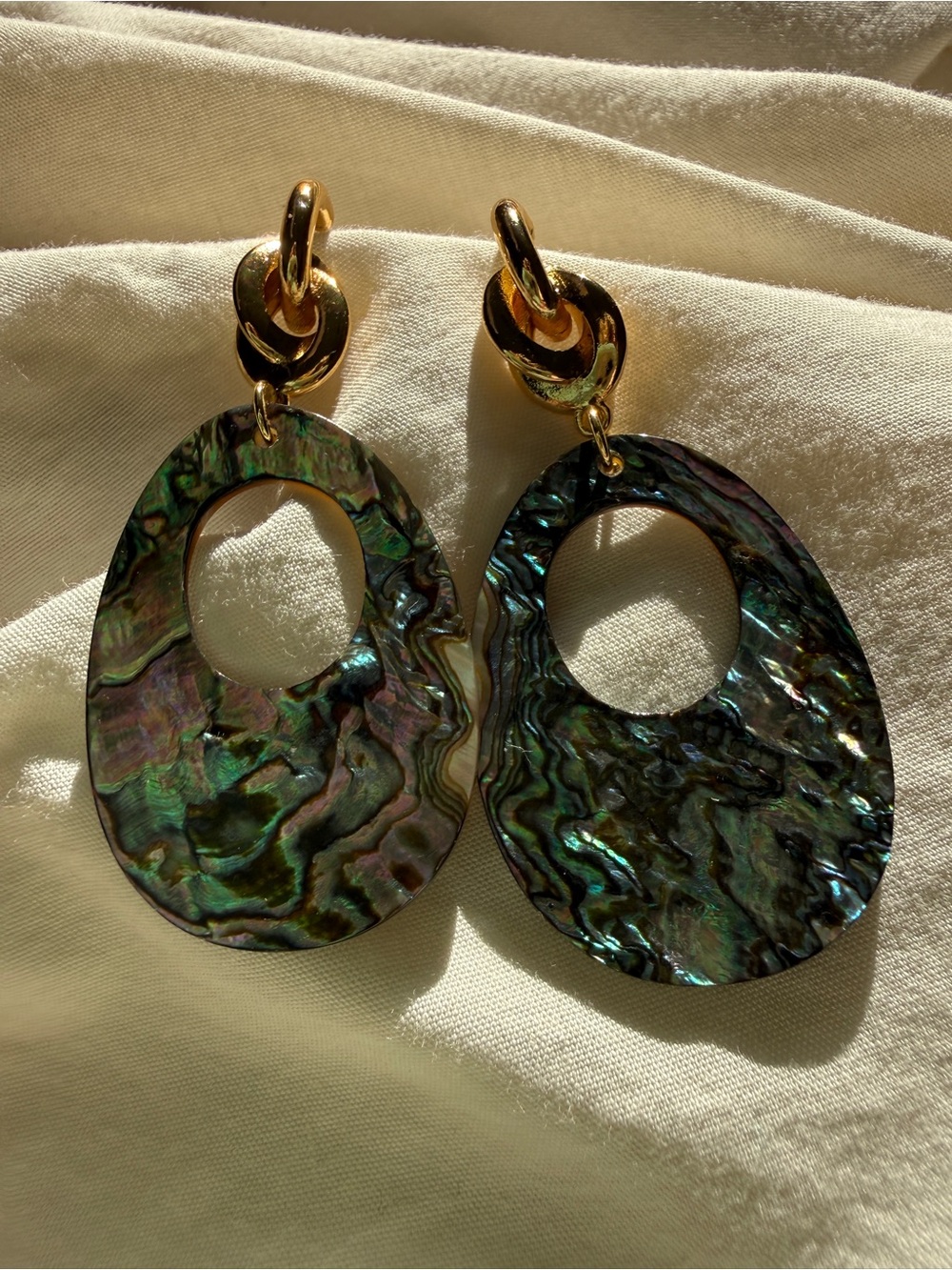 Chan Luu style handmade Gold Hoop Earrings with Iridescent Abalone Drops